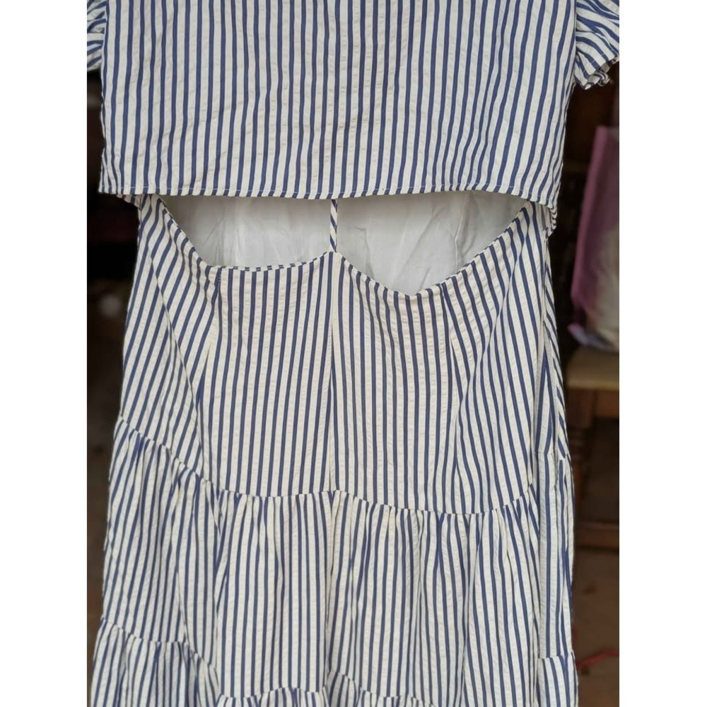 Entro Blue & White Striped Ruffle Sleeve Maxi Dress  Cutout Back, Tiered Skirt L - Picture 7 of 10